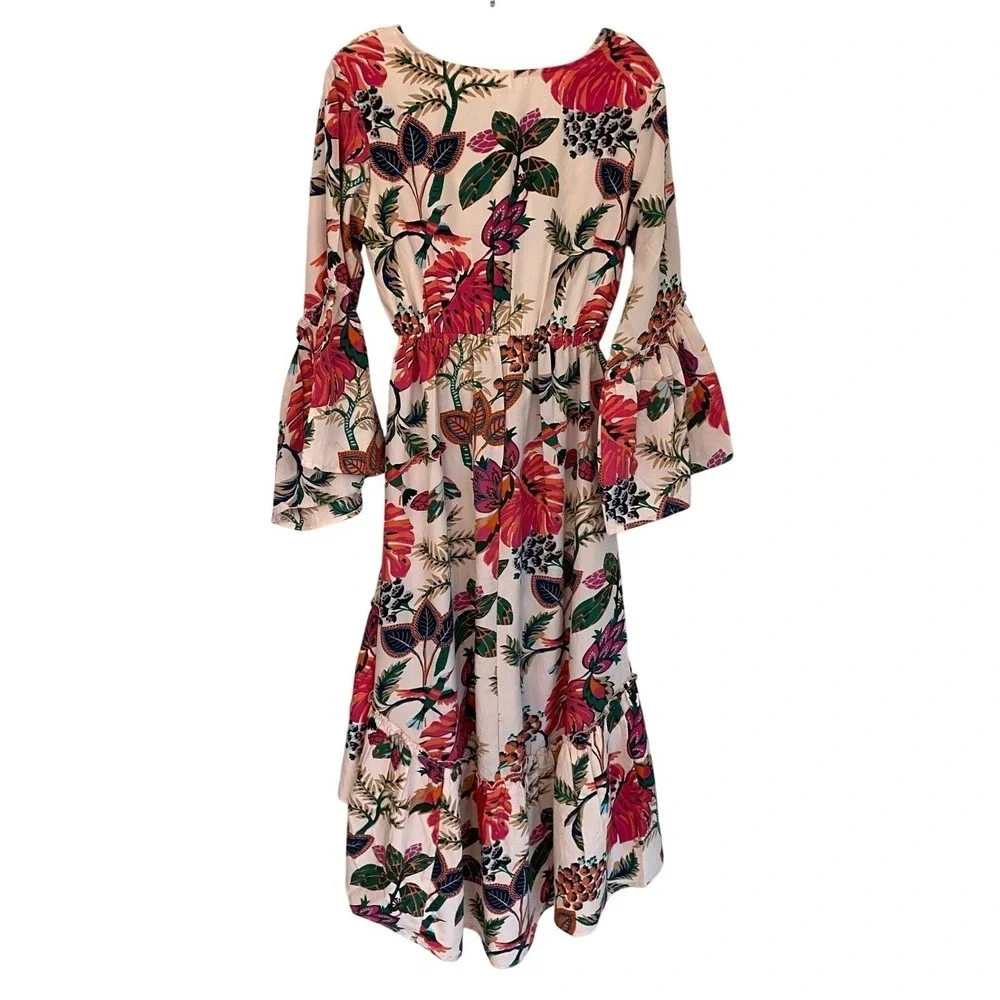 Raga Floral Cutout Bell Sleeve High Low Midi Dress Pink Multi R4561 Womens M NEW